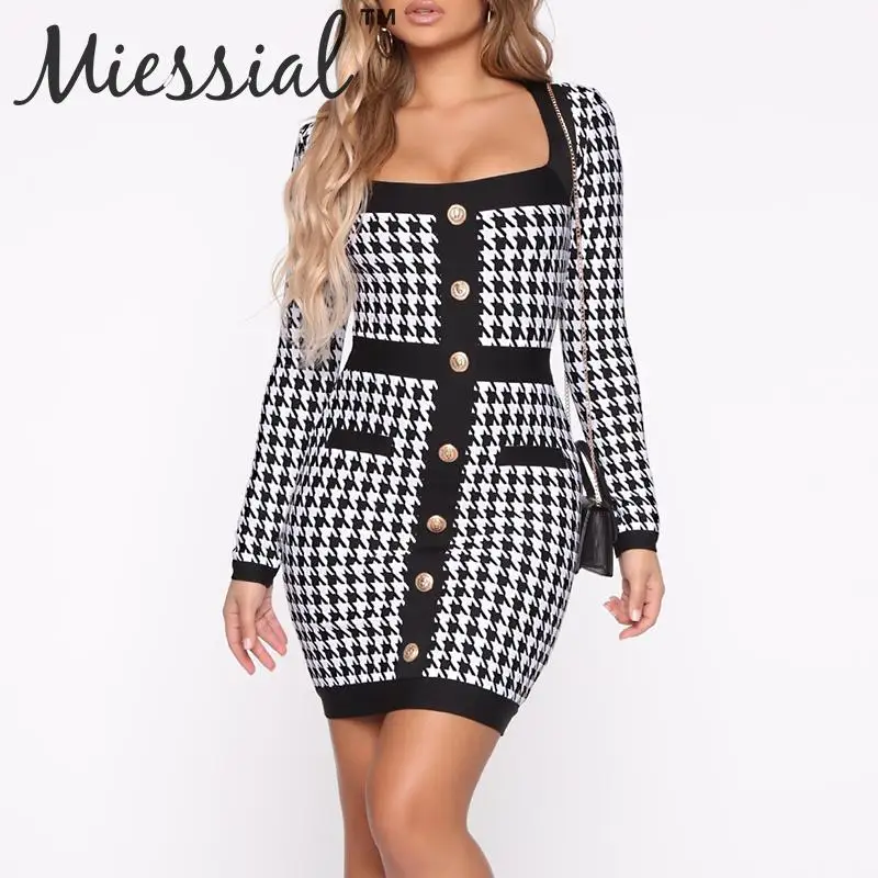 Miessial, черное клетчатое облегающее мини-платье на пуговицах, женское осеннее Клубное сексуальное платье с длинным рукавом, зимнее теплое элегантное вечернее платье - Цвет: Черный