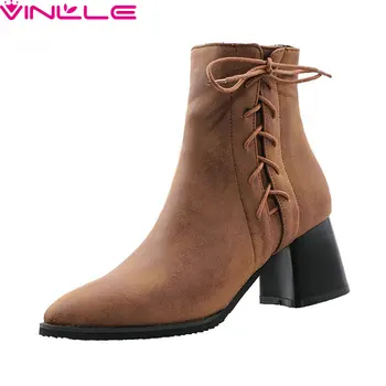 

VINLLE 2020 Fashion Women Ankle Boots Square High Heel Round Toe Zipper Simple Fashion All Match Solid Ladies Shoes Size 34-43
