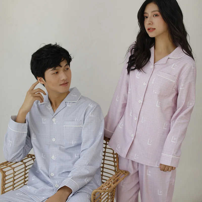 

Meju New Style Couples Pajamas Women's Autumn Long Sleeve Pure Cotton Tracksuit Japanese-style Simple MEN'S Suit