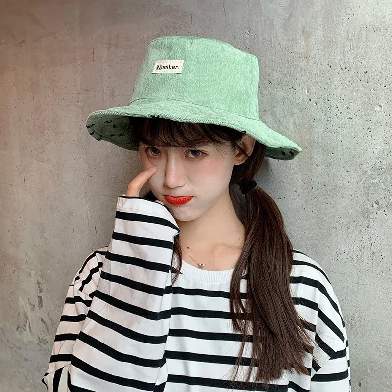 Winter New Figure Print Double-sided Women Bucket Hat Leisure Lovely Harajuku Fisherman Hat For Female Solid Wide Brim Basin Hat - Color: Mocha Green