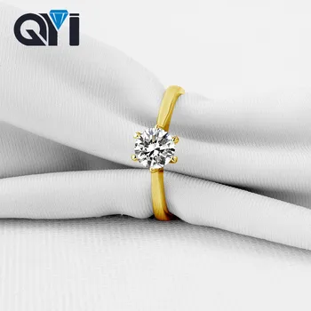 

QYI Luxury 14K Solid Yellow Gold Solitaire Engagement Rings Round Cut Cubic Zirconia Jewelry Female Wedding Rings For Women