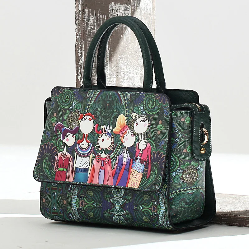 

P-F bag Women Fashion Handbag Folk-Custom Print Pattern Shoulder Bag Tote High Quality Casual Female Bags With Metal Buckle