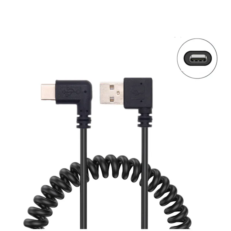 USB2.0 Left Right Angled 90 Degree Male to USB-C Type C Elbow Cable Retractable Car Spring for Charger LED Data Cord 1m