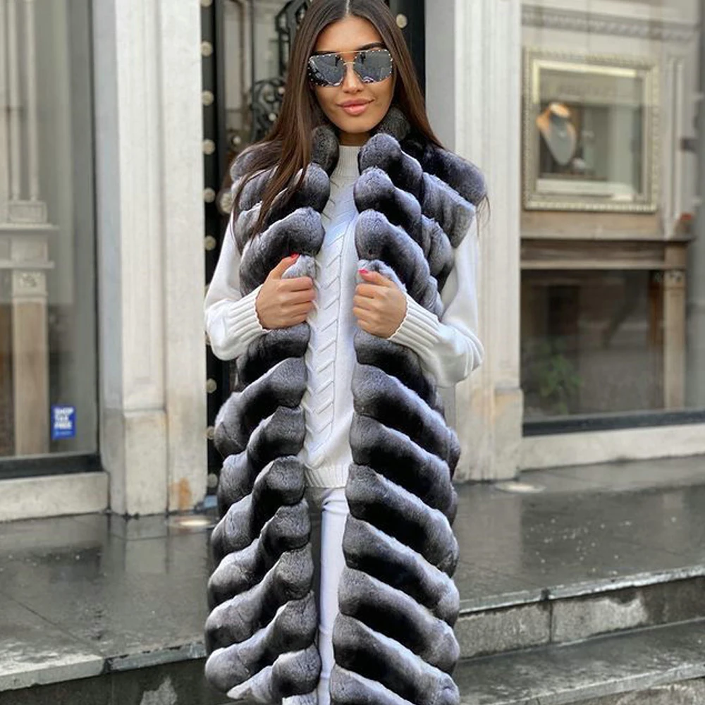 2021 Winter Long Rex Rabbit Fur Vest Natural Women Thick Warm Fur Overcoat Luxury Genuine Rex Rabbit Fur Gilets Turn-down Collar