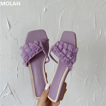 

MOLAN Brand Designers 2020 Summer Fashion Luxury Sexy Lace Ruffles Square Med Heels Sandals Lady Pumps Mules Flip Flops Outside