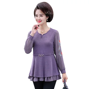 

Embroidery Long Sleeve Tee Women Bottom Shirt Tops Spring Fall Plus Size Middle Age Mother T-Shirts V-Neck Femme Tshirt Pullover