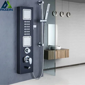 

Black Shower Column In Wall Bath Shower Mixers with Body Massage Jet Bathroom Shower Panel Golden Shower Faucet Set Handshower