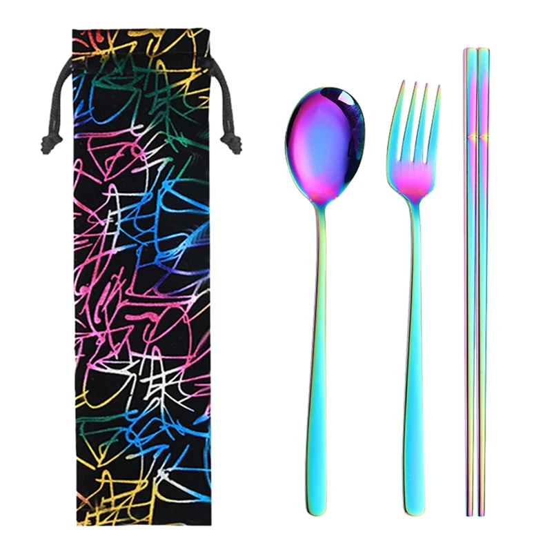 Bag for Travel Portable Cutlery Set Stainless Steel Cutlery Chopsticks Spoon Fork Reusable Straw and Portable Dinnerware