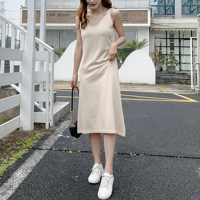 

OUMENGKA Women Spring Summer Knee-Length Dress Knitted Elastic Sleeveless Elegant Women Sexy V-Neck Party Loose Dresses