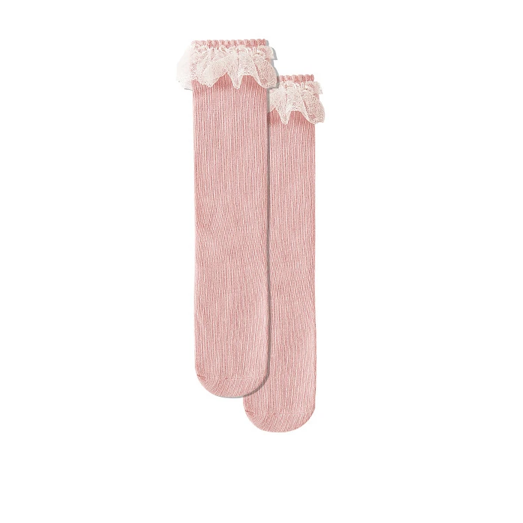 Гольфы для девочек детские кружевные осенне-зимние теплые Дышащие носки принцессы для девочек, хлопковые однотонные модные милые гольфы - Цвет: Розовый