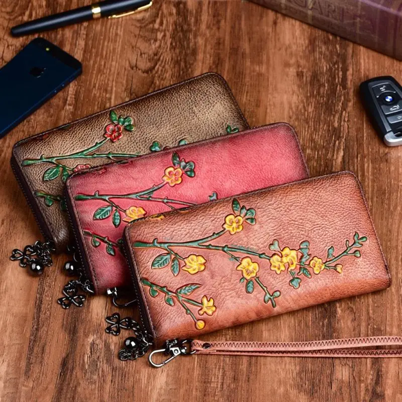 

Women's Leather Zipper Wallet Card Credit Holder Embossing Handbag Wristlet Purse Phone Pouch