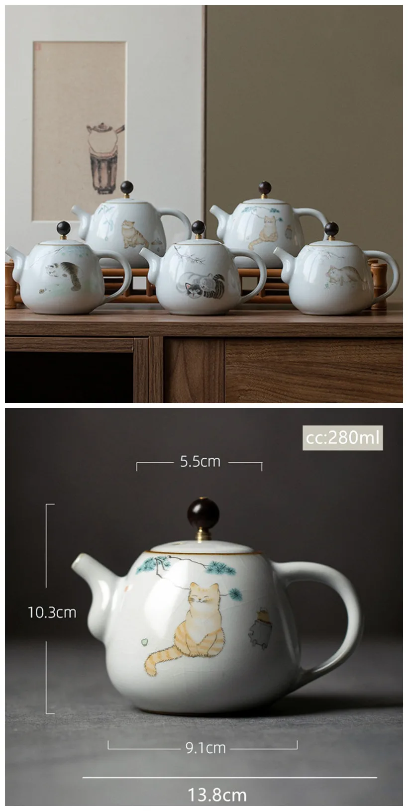 Théière Miniature Ancienne En Porcelaine - Motif Chat, Fait Main, Objet De Collection
