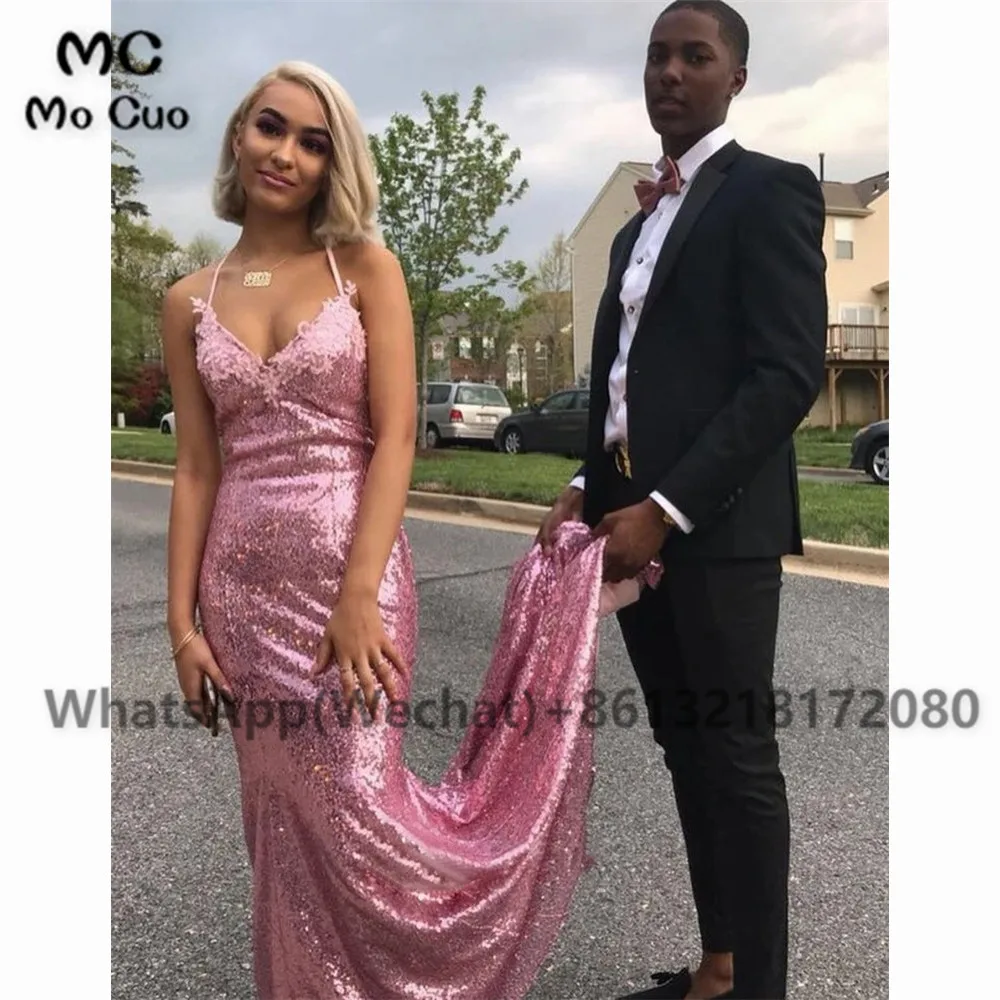 2019 Hot Sale Sequin Prom Dress Pink Mermaid Open Back Formal Evening Gown Spaghetti Straps (2)