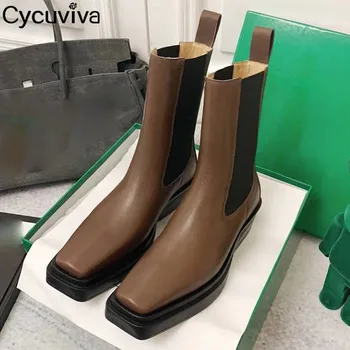 

Genuine Leather Chunky Heel Ankle Boots For Women Brown Platform Chelsea Boots Ladies High Heel Cowboy Knight Boots Botas Mujer