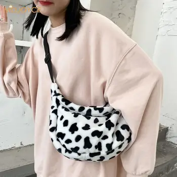 

Plush Cute Milk Cow Pattern Women Handbags Winter Cartoon Chest Shoulder Messenger Bag Tote Fluffy Phone Purse Christmas Gift