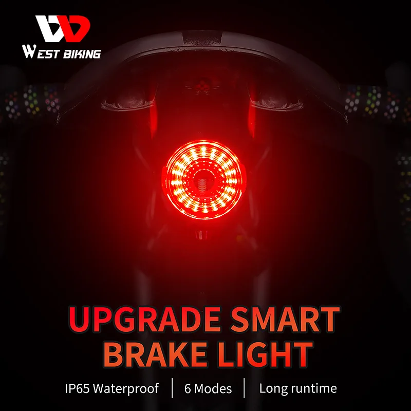 West Biking Smart Bicycle Rear Light Waterproof Led Charging Cycling Night Warning Tail Light