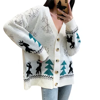

Women Christmas Clothes, Cartoon Elk Snowflake Print V-Neck Long-Sleeves Woven Cardigan with Button Opening for Ladies