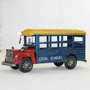 

32x11.5x15.5cm Distressed Tin Car American School Bus Model Diecast Travelling Sightseeing Bus Model Metal Crafts Retro Ornament