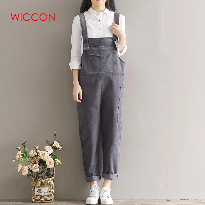 WICCON Corduroy Womens Jumpsuits Casual Vintage Sleeveless Bodysuit Women Loose Full Length Solid Overalls Strapless Paysuits