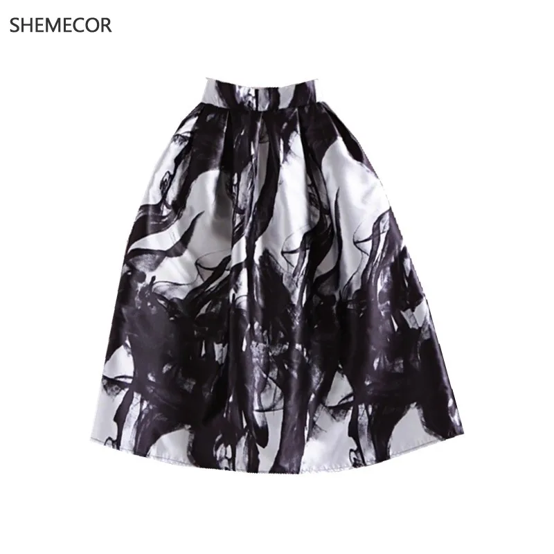 SHEMECOR осень зима 1950s Хепберн ретро винтажный стиль черные чернила цветок цветочный принт Высокая талия плиссированные качели Миди юбка