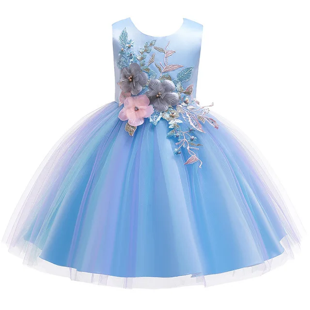Нарядное платье для девочки;кружево Вышитые лук платье для девочки ;новогодний костюм для девочки;платье принцессы карнавальные костюмы для девочек;рождения праздничное платье для девочки;детские платья 3 9 10 лет - Цвет: Blue