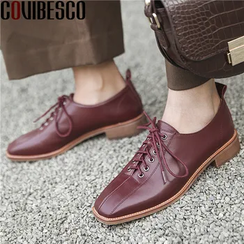 

COVIBESCO Shallow Genuine Leather Red Women's Shoes Cross Tied Shallow Elegant Chunky Heels Pumps New Working Basic Shoes Woman