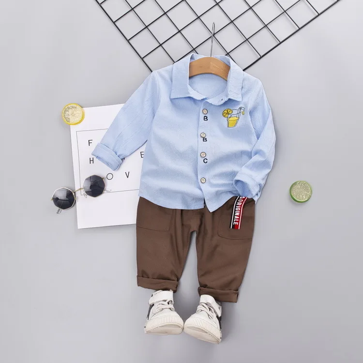 Демисезонный Одежда для маленьких мальчиков в полоску; с принтом «Медведь», рубашка с брюки 2 шт./компл. с надписью для малышей, Повседневное спортивные костюмы для младенцев