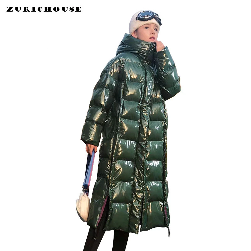 ZURICHOUSE зимняя куртка женская длинная модная Глянцевая пуховая стеганая куртка Женская Плюс Размер Свободная верхняя одежда с капюшоном зимняя парка