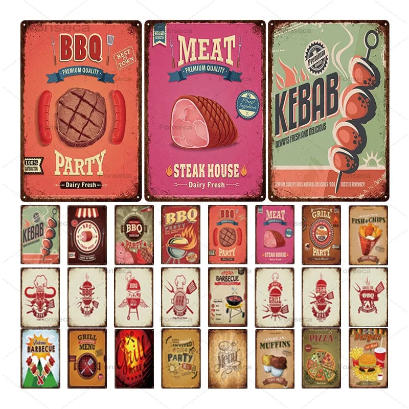 BBQ Meun Metal Sign Vintage Tin Plaque Wall Decor For Barbecue Bar Pub Kitchen Party Zone Signs Iron Paintin | Дом и сад