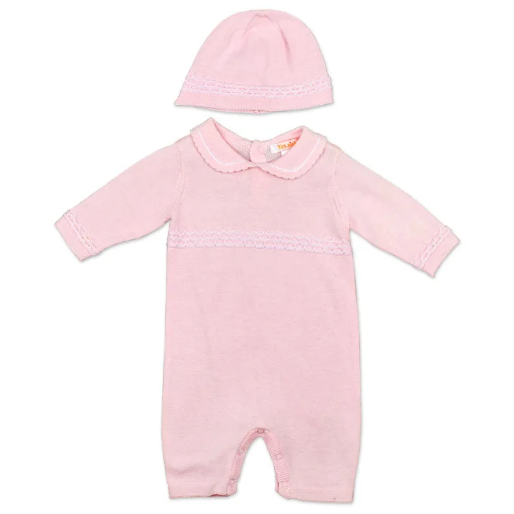 

Low Price Spring Childrenswear Clothes for Babies Long Sleeve Pure Cotton with Cap Girls Climbing Clothes Knitted Romper Set