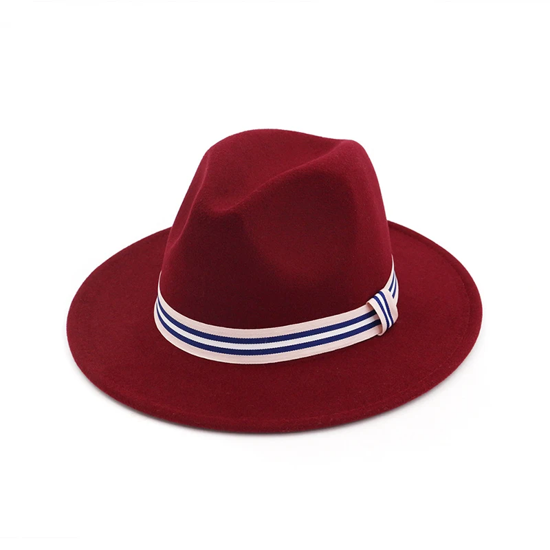 Wine Red fedora FS унисекс черная армейская зеленая шерстяная фетровая джазовая фетровая шляпа с поясом для женщин и мужчин с широкими полями Панама Трилби карнавал торжественная шляпа 11 цветов - Цвет: Wine Red fedora