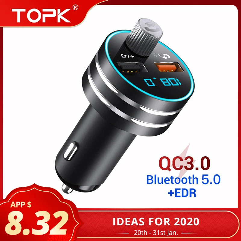  TOPK USB Car Charger Quick Charge 3.0 Dual USB Mobile Car Phone Charger with Bluetooth 5.0 FM Trans