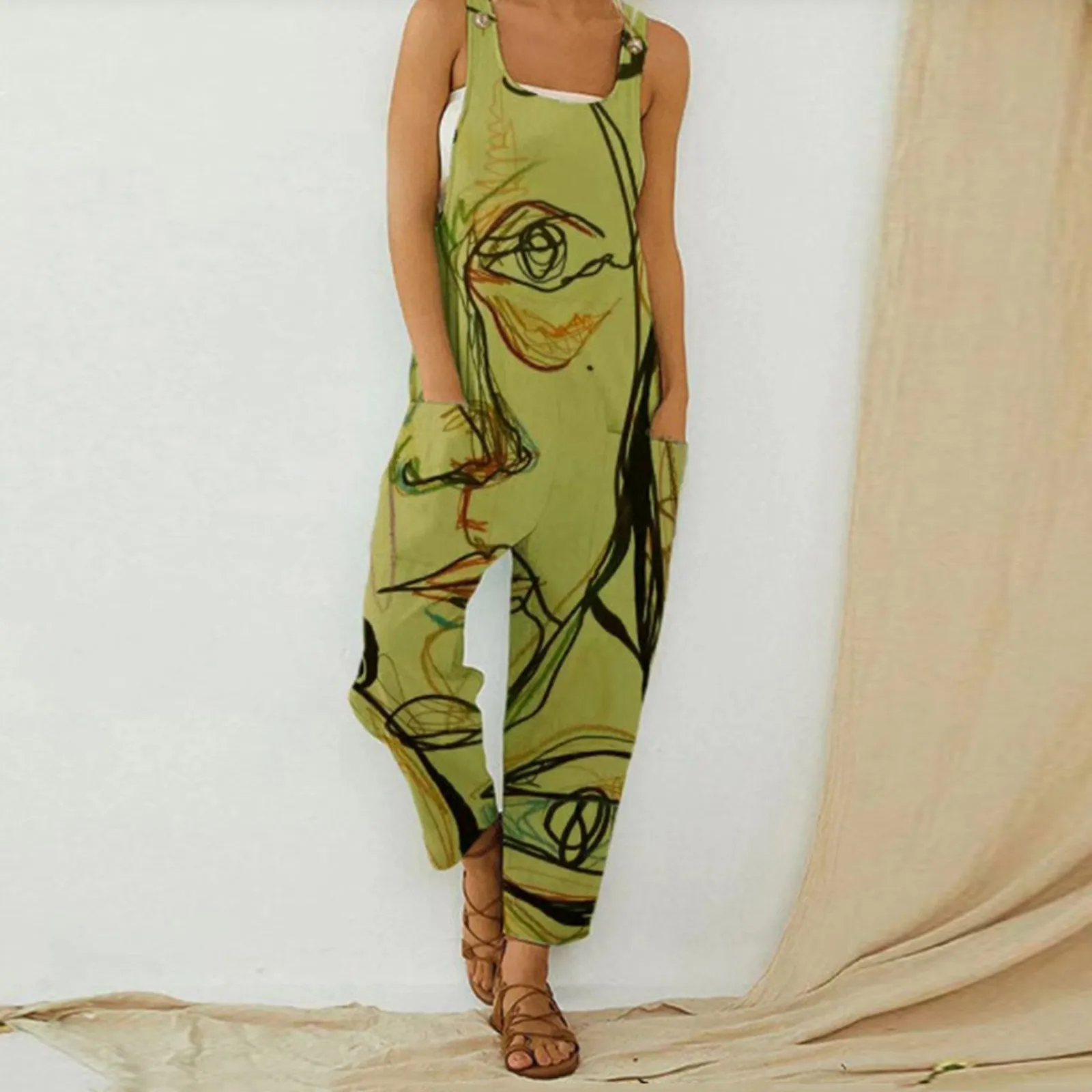 Women Abstract Print Jumpsuit Casual Suspenders Square Neck Sleeveless Jumpsuits With Pockets Summer Overalls Kombinezony 2021 |
