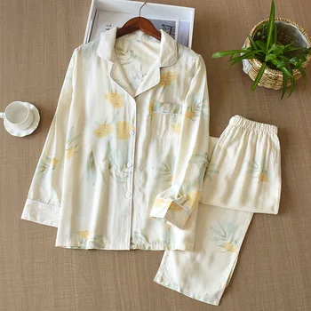 

Women's Summer Cotton Long-sleeved Trousers Night Suit Fresh Big Flower Sleepwear Cotton Comfortable and Breathable Pajamas Suit