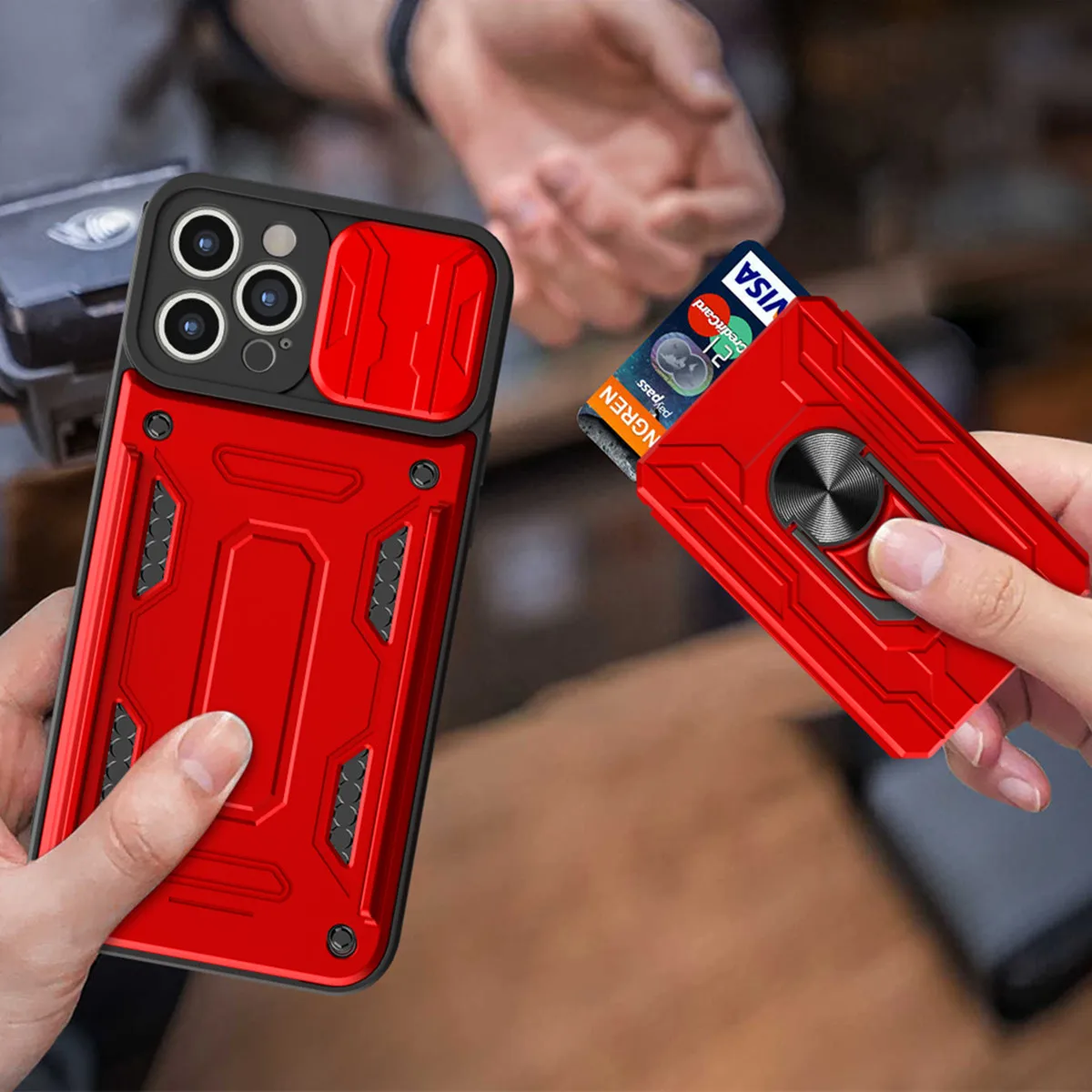 Sleek Lens Protective Case with Hidden Slide Card Slot and Magnetic Ring