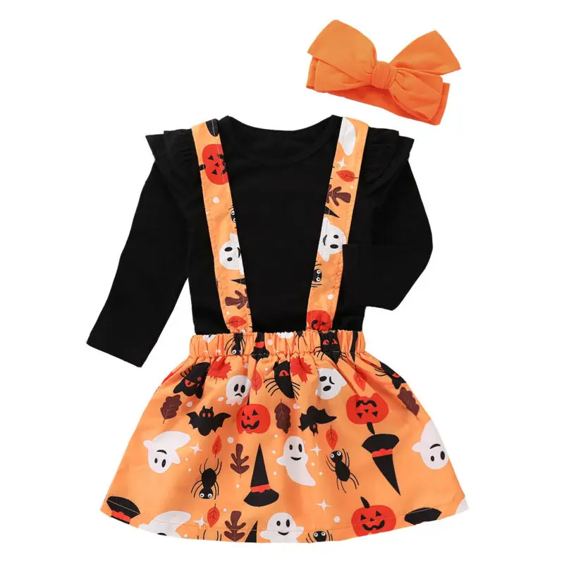 

2019 Brand New Halloween Toddler Baby Girls Clothes Sets 3PCS Long Sleeve Pullover Black Tops+Cartoon Overalls Dress+Headband