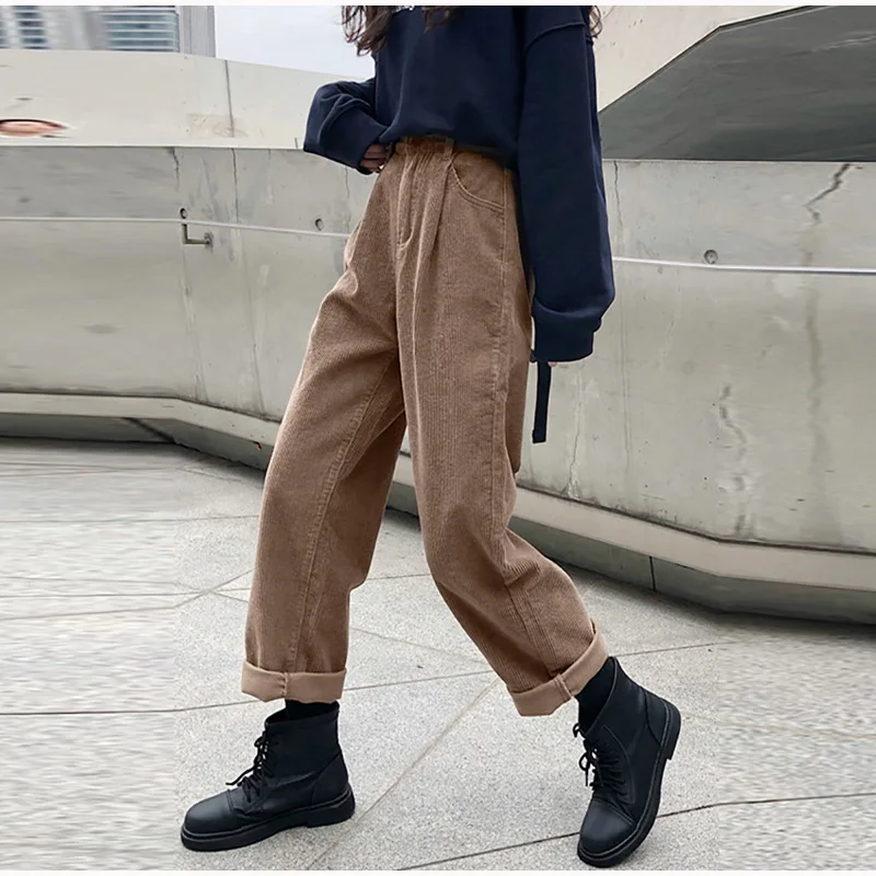 2021 New Corduroy Women's Pants Straight Casual High Waist  Pleated Trousers Vintage Harajuku Autumn Chic Solid Woman Bottoms crop pants for women