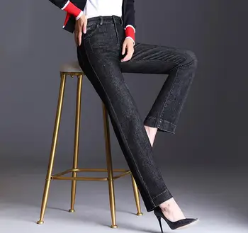 

Autumn and winter high waist plus velvet straight jeans women loose denim trousers wide legs wild casual middle-aged JK44-01-10