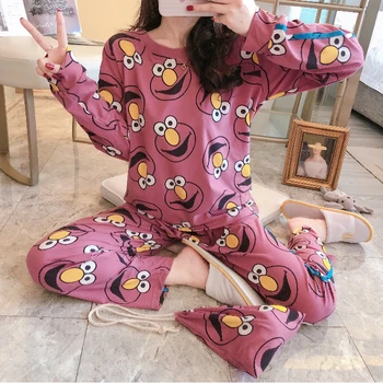 

Spring Cotton Pajamas For Women Cartoon Print Summer Long Sleeve+Pants 2 Pcs Loose Comfortable Girl's Sleepwera Home Suits