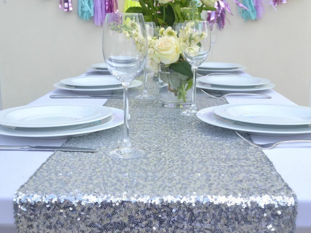 Runner12x108-Inch для стола с пайетками, 2 упаковки, свадебные скатерти с пайетками, Серебряные вечерние скатерти для стола, 108 дюймов, Decoration-M1206 для детского шоу
