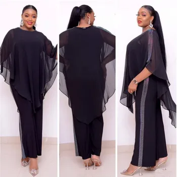 

2 Piece Sets African Sets For Women Black Sequined African Elastic Bazin Baggy Pants Dashiki Batwing Sleeve Famous Suit For Lady