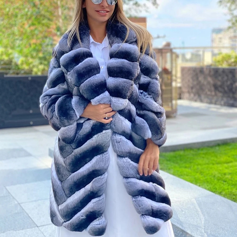Q.FURDREAM New Natural Rex Rabbit Fur Coat Width Sleeves Big Lapel Luxury  Fashion Winter Warm Thick Stripes Woman Clothing