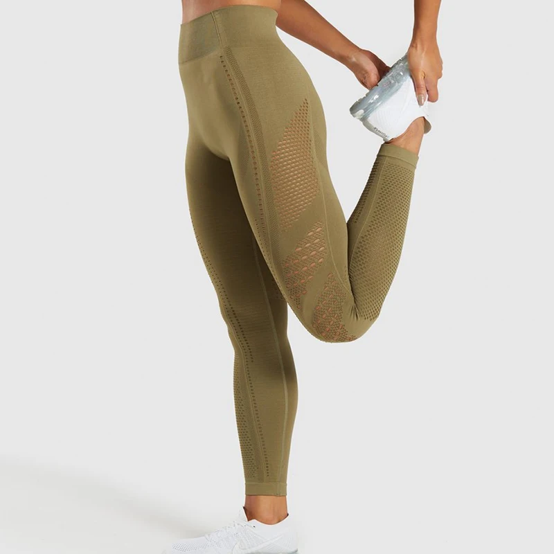 Women Flexible Seamless Jogger Sport Tights Comfortable Widen Waistband Yoga Workout Sport Pants Hollow Out Fitness Leggings