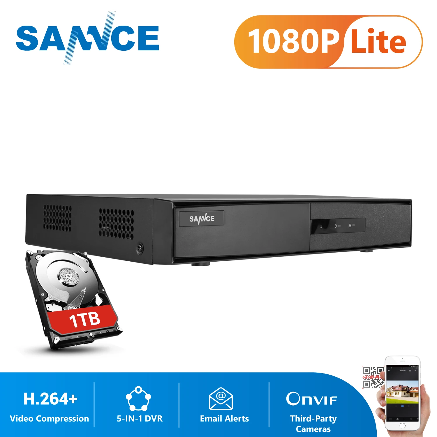 SANNCE-grabador de vídeo digital 5 en 1 con 4 canales de salida, DVR híbrido de 4 canales, compatible con AHD, TVI, CVI, CVBS, cámara IP, protocolo Onvif, 1080N