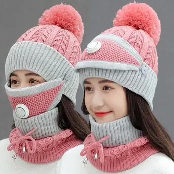 

3 Pcs Set Anti-fog Hats Women Winter Beanies Thick Hat Mask Bib Skullies Beanie Hat Dustproof Hats Female Warm knitted Wool Caps