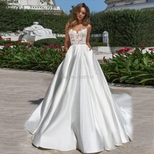 Атласные свадебные платья трапециевидной формы Vestido De Novias, без рукавов, с аппликацией, с открытой спиной, свадебное бохо-платье для невесты, для свадьбы, Longo