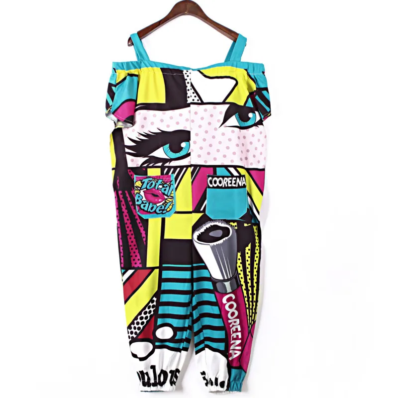 

Vefadisa Drop-Shoulder Romers Women Cartoon Print Jumpsuits Green Casual Playsuit Hip-Hop Romper Calf-Length Pants ZLD811