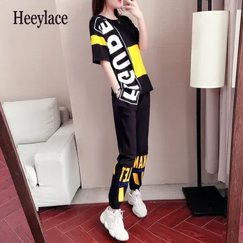 

2 Piece Set Women Letter Casual T Shirt Long Striped Long Pants Elastic High Waist Sport Streetwear Summer Women's Tracksuit