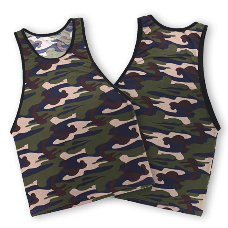 Mens Undershirts Sets Boxer Shorts Mesh Camouflage Printed Underwear Breathable Sleepwear Bodybuilding Gym Sports Fitness Suits