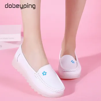 

Women White Nurse Shoes Woman Genuine Leather Women's Flat Shoe Platform Soft Female Loafers Moccasins Slip On Ladies Footwear